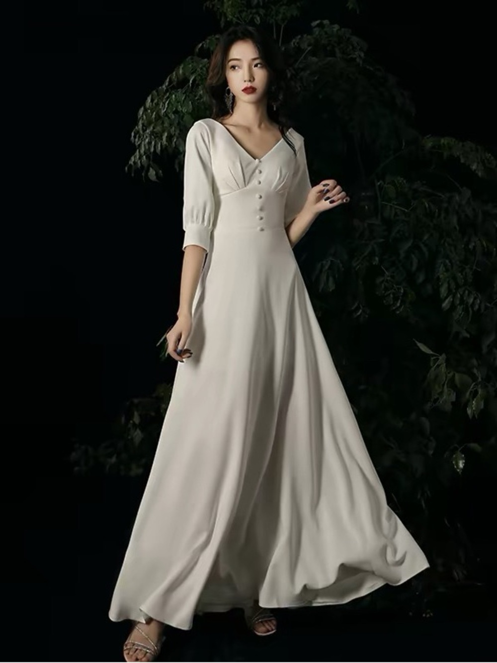 V-Neck Cream Maxi Dress with Button Front